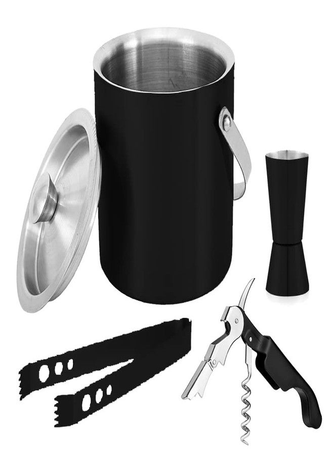 FINALITY Stainless Steel Double Walled Insulated Ice Bucket with Lid & Handle ||Ice Tong ||Peg Measure|| Wine Opener, Capacity-1.75ltrs, Color -Black, Keep Ice Cold for 6 Hours - Image 1